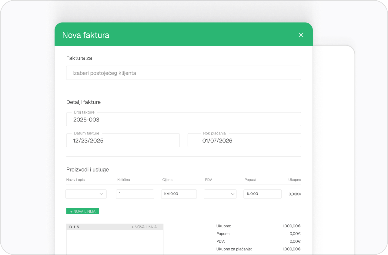 Forma za novu fakturu sa poljima za odabir klijenta, brojem fakture, datumom fakture, rokom plaćanja i unos proizvoda i usluga sa količinom, cijenom, PDV-om i popustom.