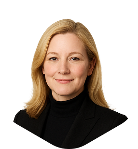 Smiling woman with shoulder-length blonde hair wearing a black turtleneck and blazer against a white background.