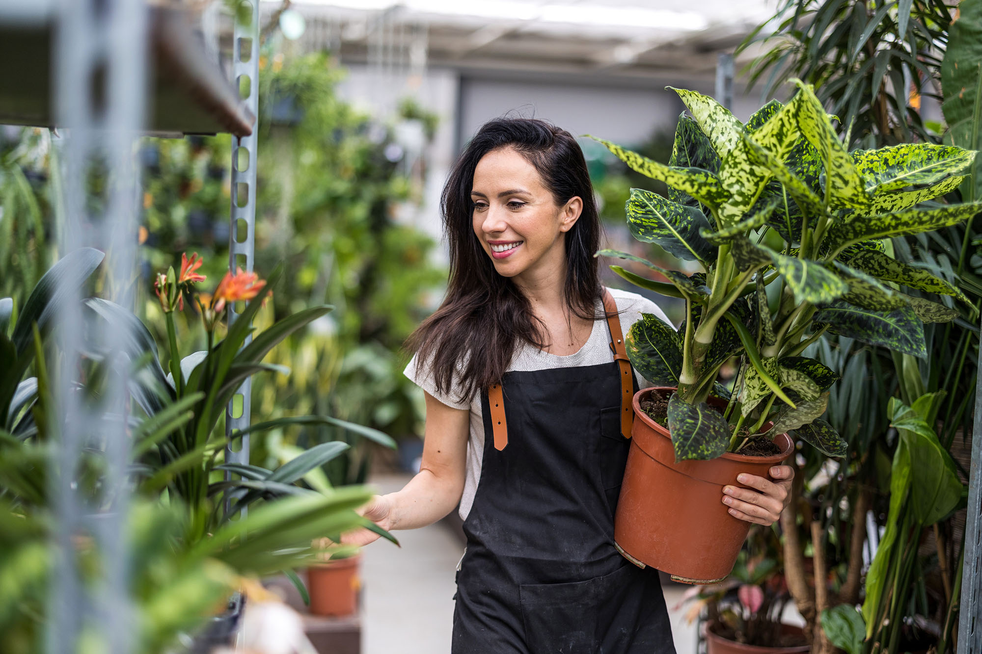 Three young colleagues smiling and walking indoors while holding notebooks and a tablet.