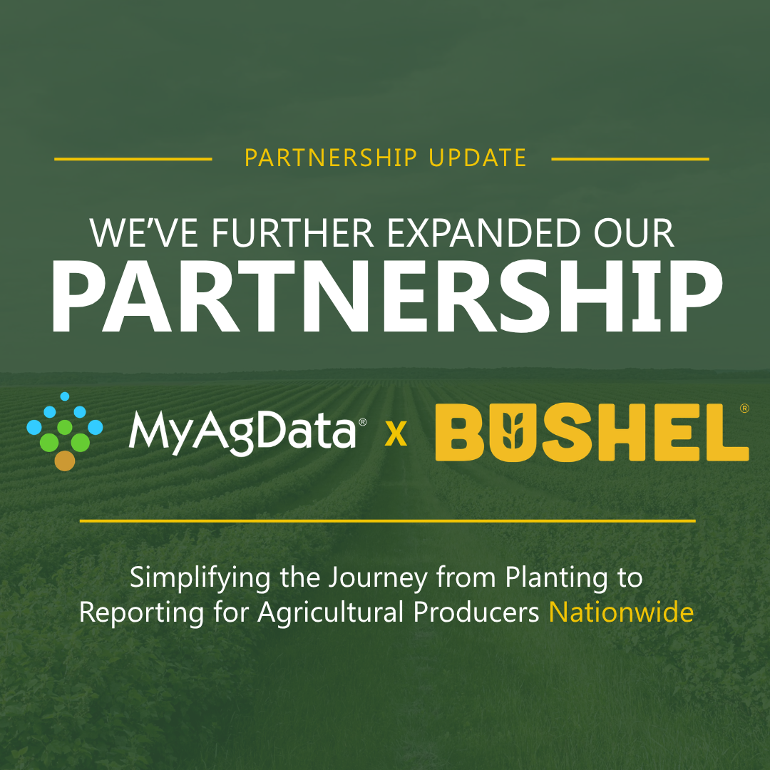 MyAgData and Red River Farm Network logos over farm equipment in a field highlighting acreage reporting accuracy