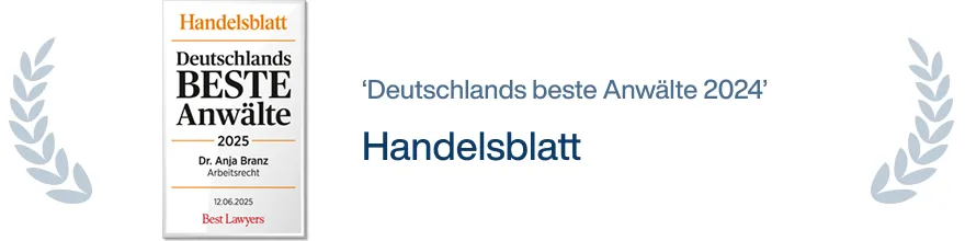 Auszeichnung 'Deutschlands beste Anwälte 2025' von Handelsblatt an Dr. Anja Branz für Arbeitsrecht, datiert 12.06.2025.