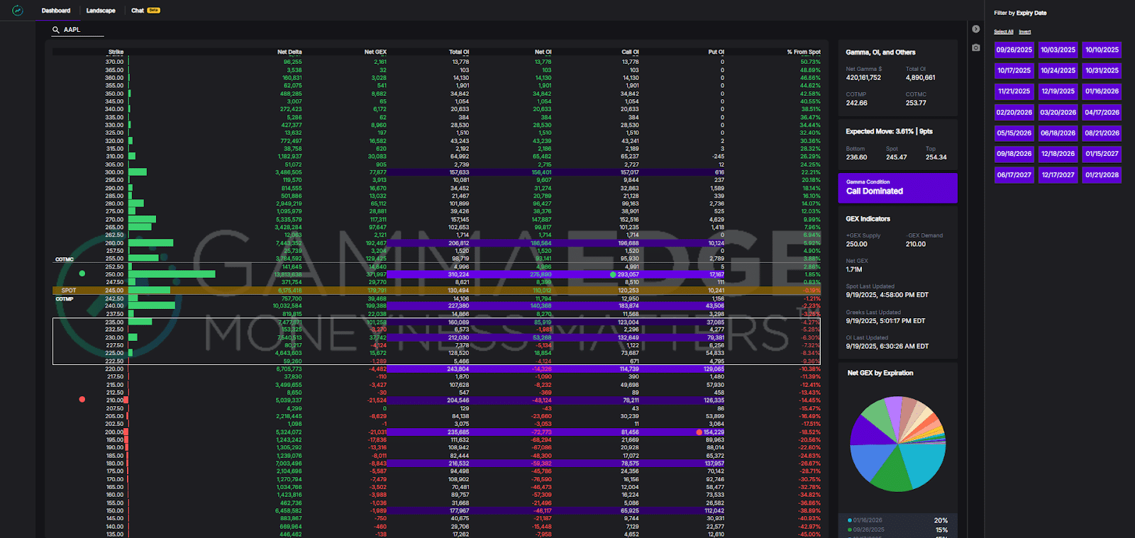 GammaEdge put options visual showing the web app dashboard.