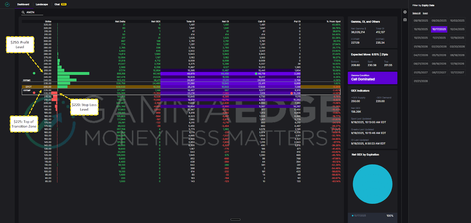 Call options in trading visualized on the GammaEdge web app dashboard.