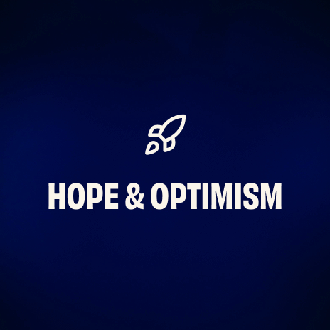Stylized rocket icon above text in capital letters: Hope & Optimism on a dark blue background.