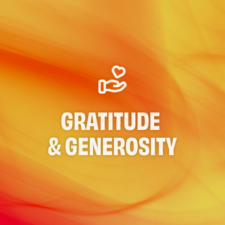 Icon of a hand holding a heart above the text “Gratitude & Generosity” on an abstract orange and yellow background.