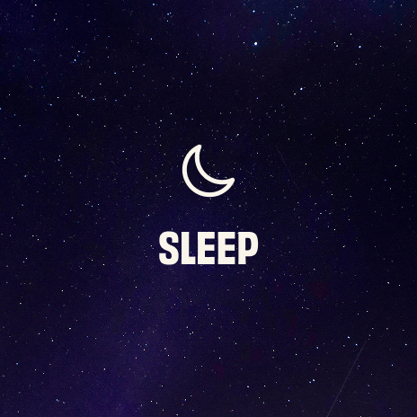White moon icon in the center on a dark blue starry background with the word “SLEEP” underneath.