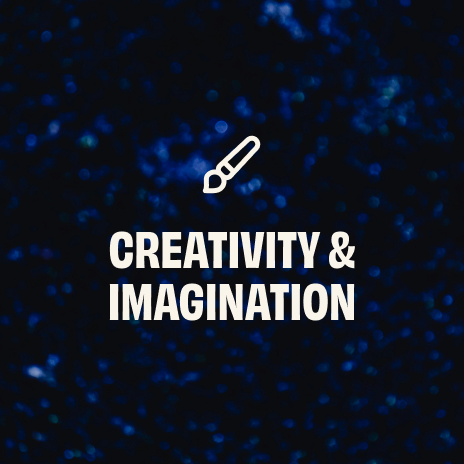 White brush icon above text 'CREATIVITY & IMAGINATION' on a blurry midnight blue background.