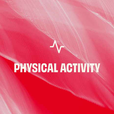 Red abstract background with a white heart rate symbol above the text in white capital letters “PHYSICAL ACTIVITY”.