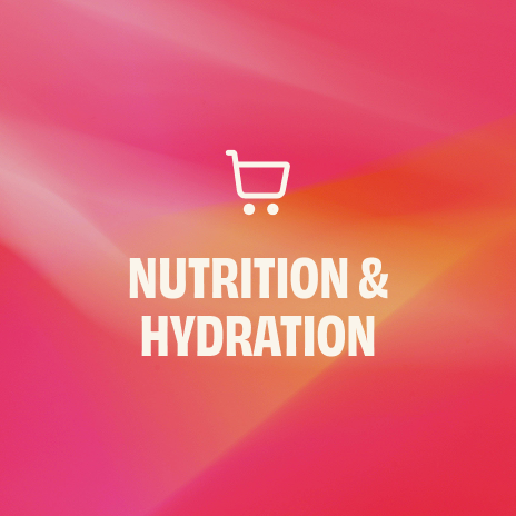 White shopping cart icon with Nutrition and Hydration text on a pink and orange gradient background.