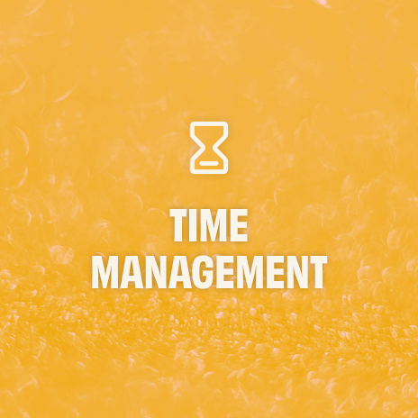 White hourglass icon above uppercase text that says 'TIME MANAGEMENT' on a blurry orange background.
