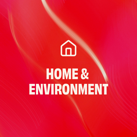White house icon above the “Home & Environment” text on a red background with flowing patterns.