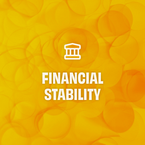 Icon of a white bank building in the center of an abstract orange yellow background with the text “Financial Stability”.