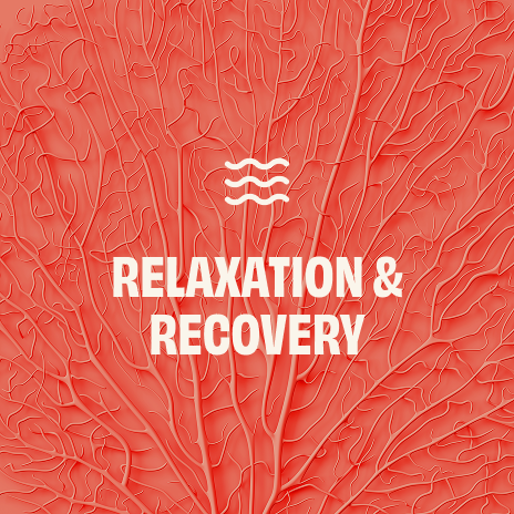 White text “RELAXATION & RECOVERY” on a red background with an abstract pattern reminiscent of veins or veins.
