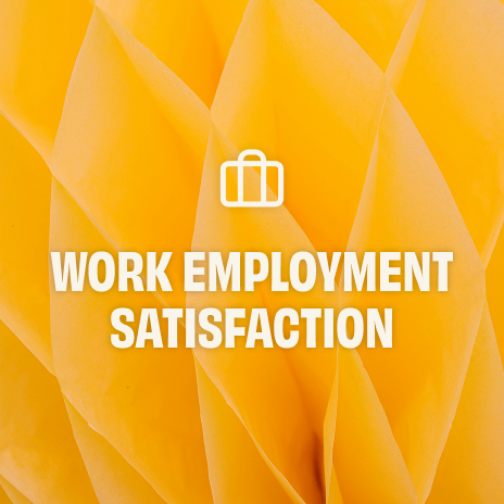 White briefcase icon on a yellow background with the text “Work employment satisfaction” in white letters.