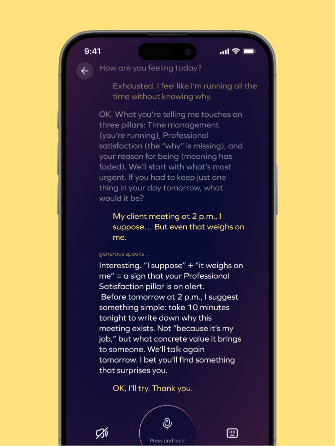 Personalized conversation in the Generousco application to clarify priorities and find meaning at work