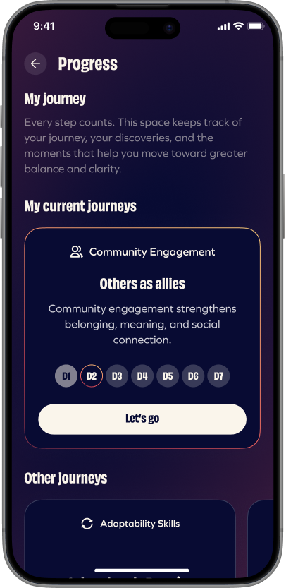 “My journey” screen of the Generousco application with progress monitoring and community engagement