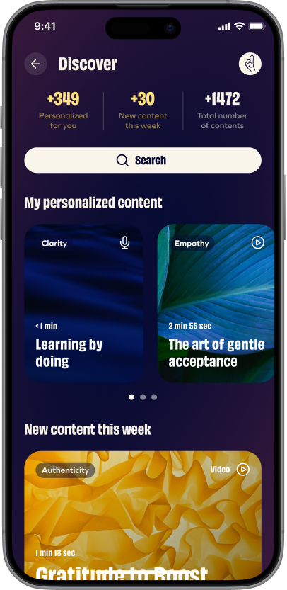 “Discover” page with personalized content, well-being and personal growth