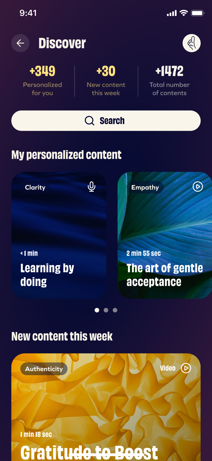 “Discover” page with personalized content, well-being and personal growth