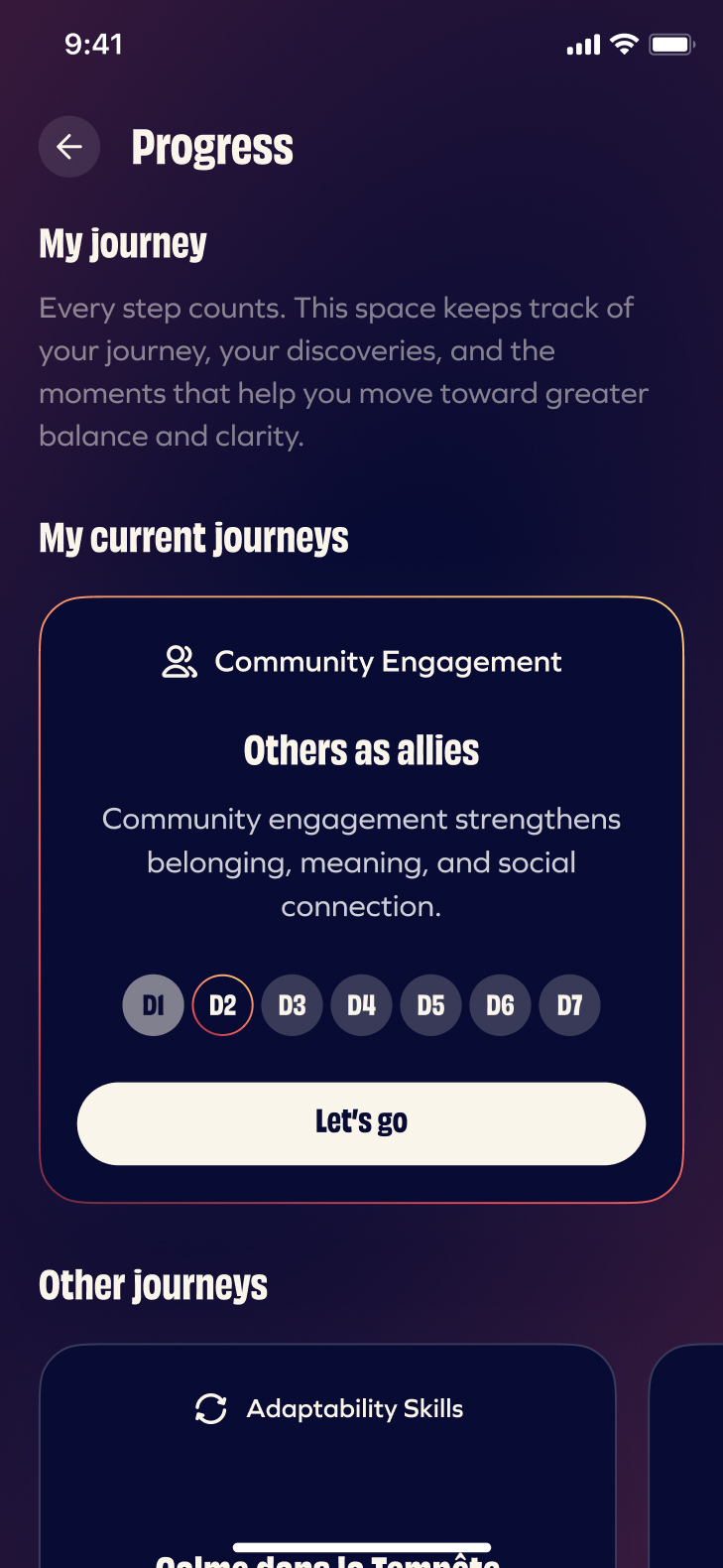“My journey” screen of the Generousco application with progress monitoring and community engagement