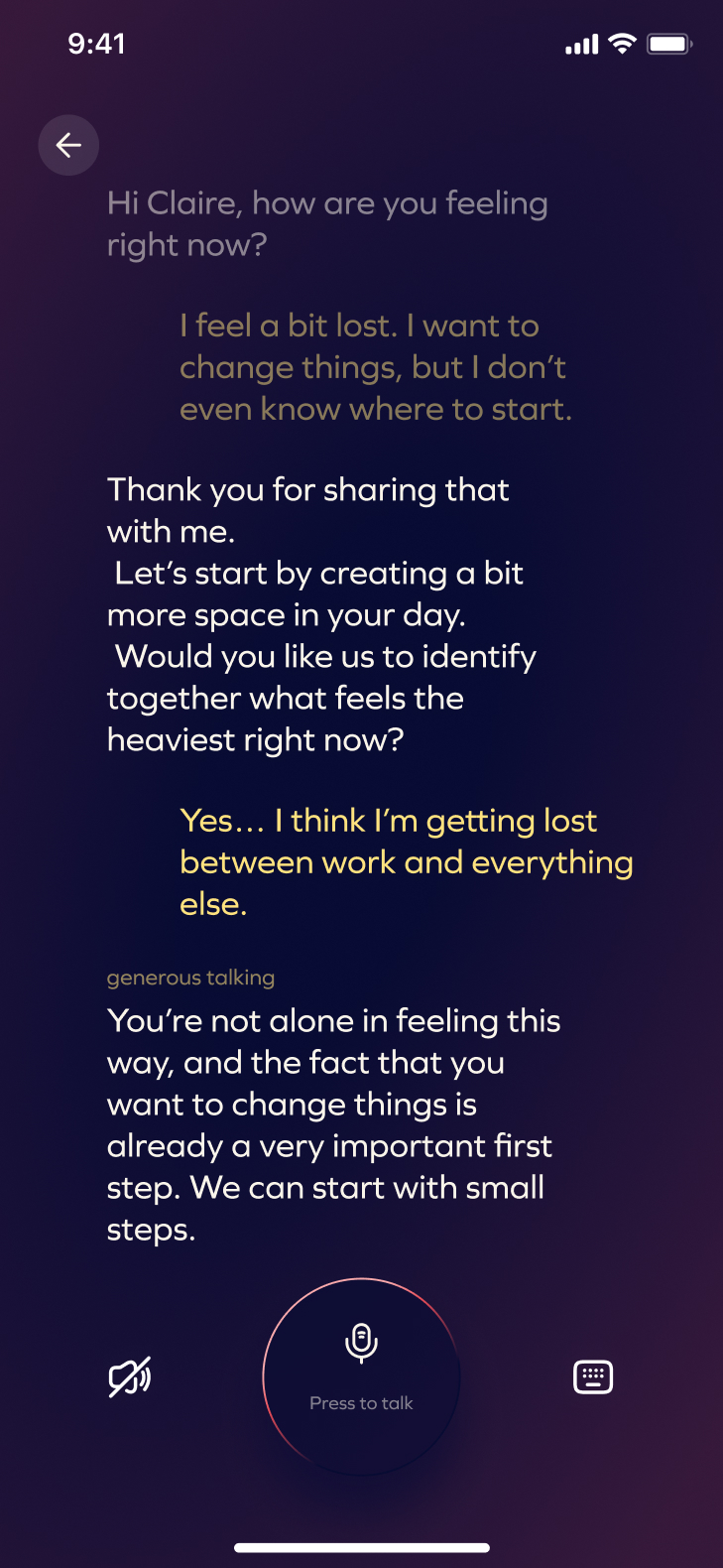 Guided conversation in the GenerousCo application to find meaning and clarify priorities