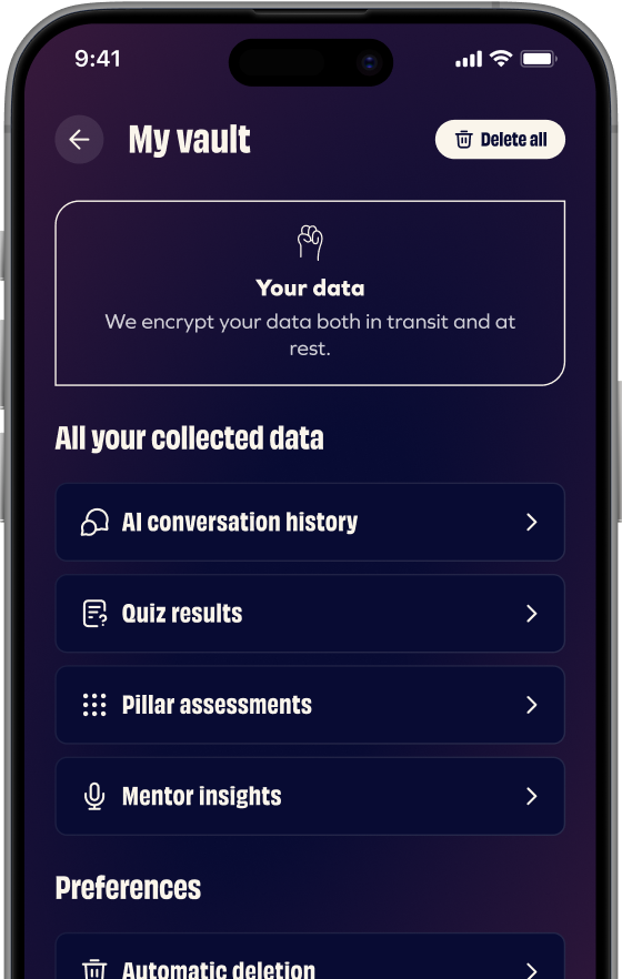 GenerousCo “My Vault” screen showing the management and protection of personal data