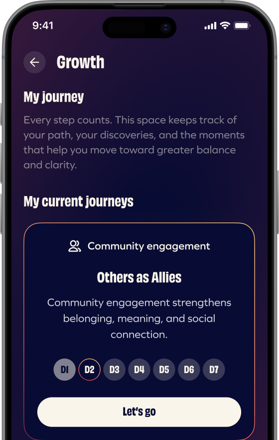 “My journey” screen of the Generousco application with progress monitoring and community engagement
