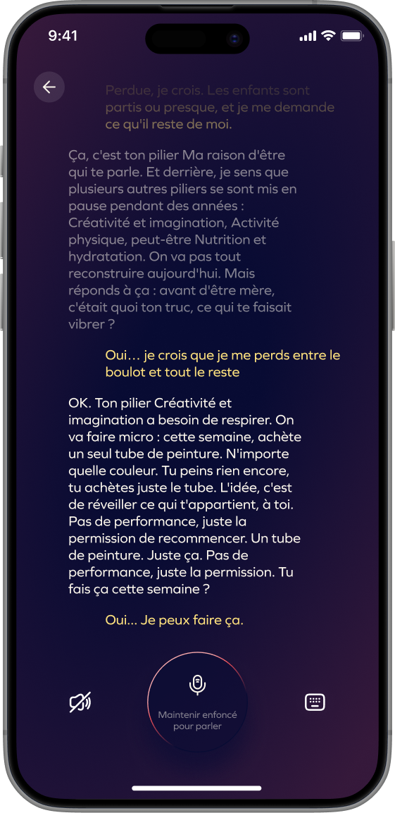 Conversation guidée dans l’application GenerousCo pour retrouver du sens et clarifier ses priorités