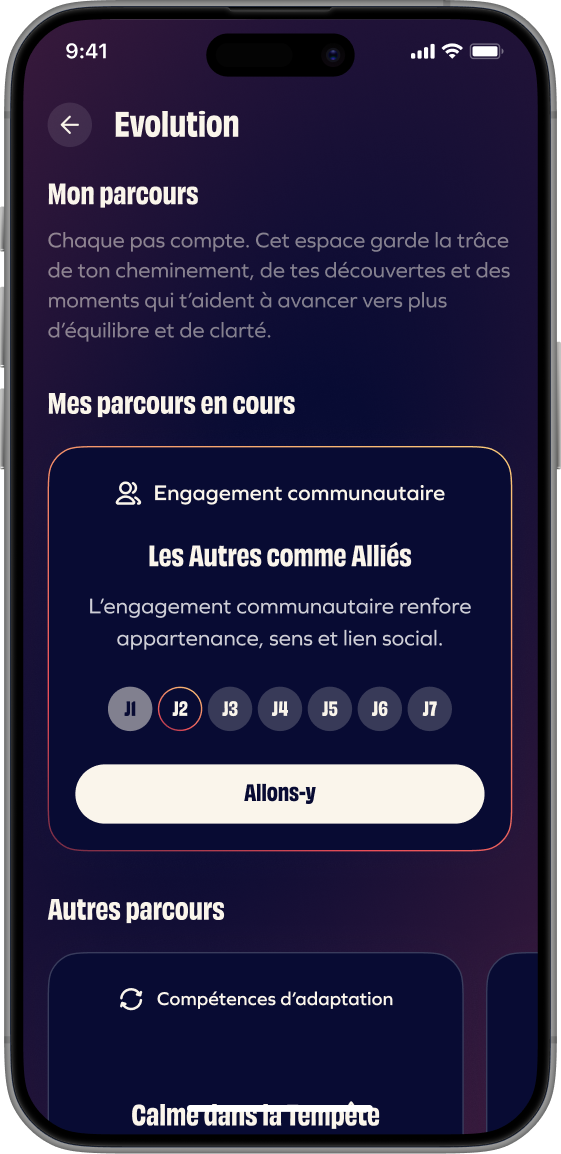 Écran “Mon parcours” de l’application GenerousCo avec suivi d’évolution et engagement communautaire