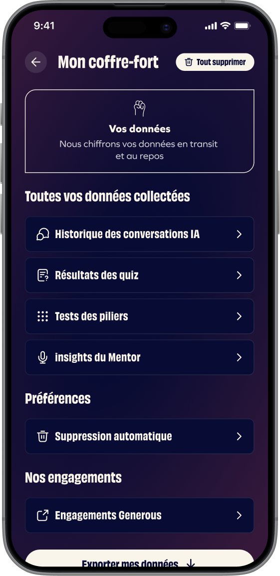 Écran “Mon coffre-fort” de GenerousCo montrant la gestion et la protection des données personnelles