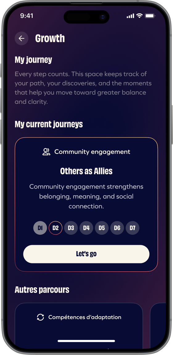 “My journey” screen of the Generousco application with progress monitoring and community engagement
