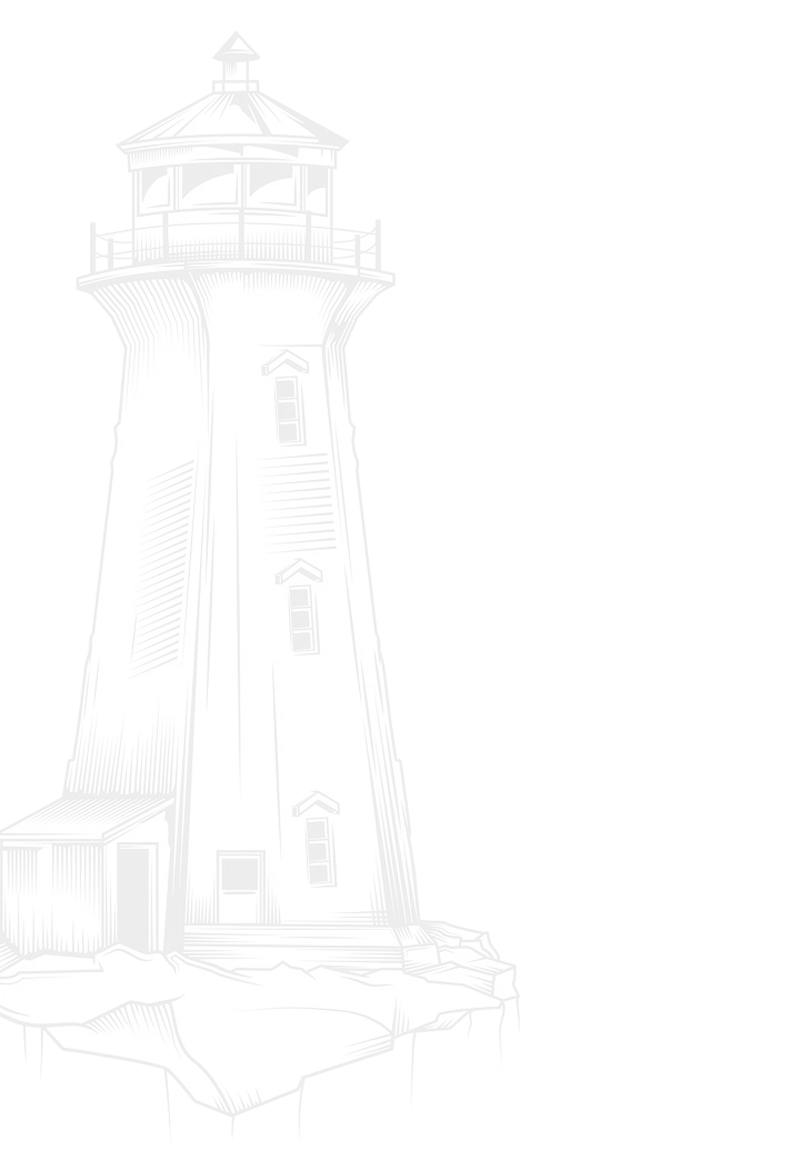 Black and white illustration of an old lighthouse standing on rocky ground with small building attached at the base.