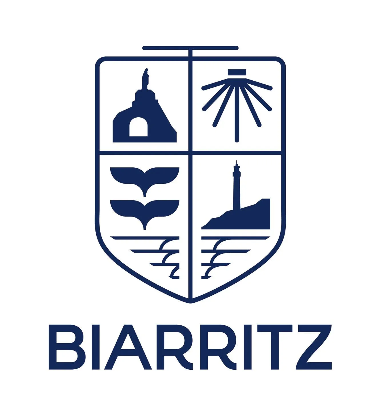 Blue shield logo divided into four sections showing a statue on a hill, a stylized sun with rays, two whale tails, and a lighthouse on a cliff, with the word Biarritz below.