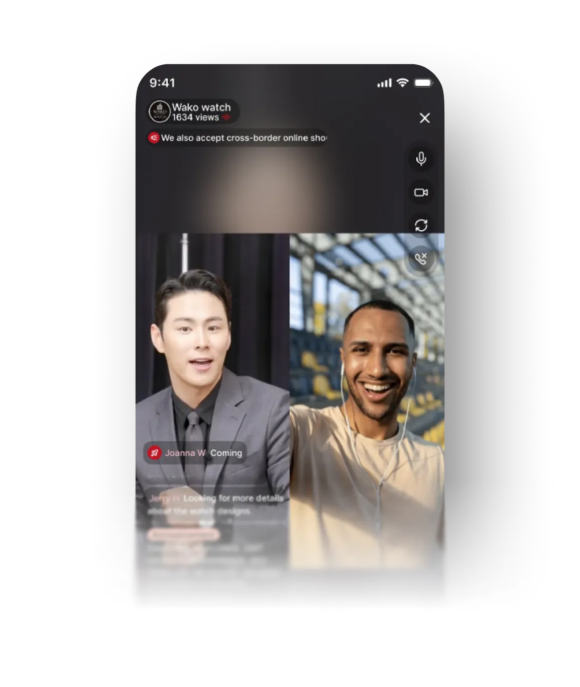 Live ABC Shop - Video call screen showing two men, one in a gray suit and the other wearing earbuds and a beige shirt, smiling.