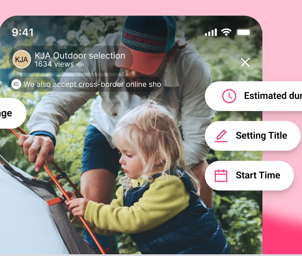 Live ABC Shop - Adult and child setting up a tent outdoors surrounded by greenery, overlaid with app interface elements for video title, estimated duration, setting title, and start time.