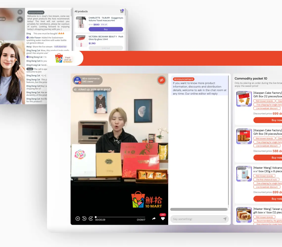 LiveABC Shop: Live Commerce Platform - Screenshot of an e-commerce live stream with a host presenting boxed products and a chat window showing viewer comments and product details.