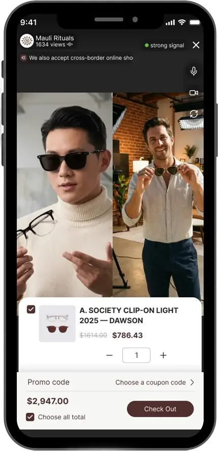 LiveABC Shop: Live Commerce Platform - Smartphone screen showing a live shopping stream with two men displaying clip-on sunglasses and a shopping cart totaling $2,947.00 with checkout option.