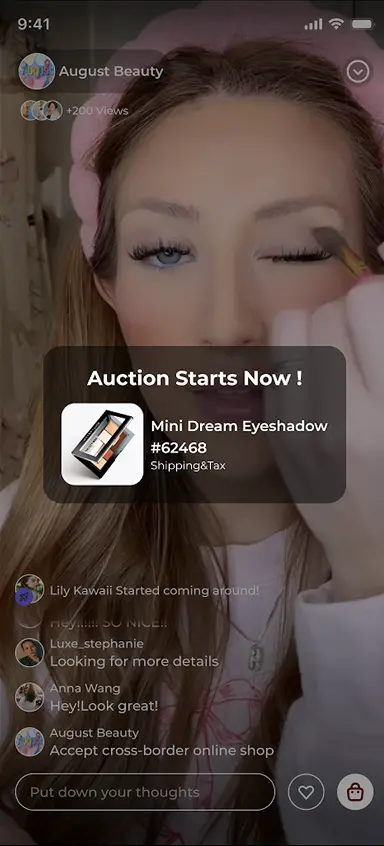 LiveABC Shop: Live Commerce Platform - Woman wearing a pink headband applying eyeshadow on her right eyelid during a live online auction for Mini Dream Eyeshadow.