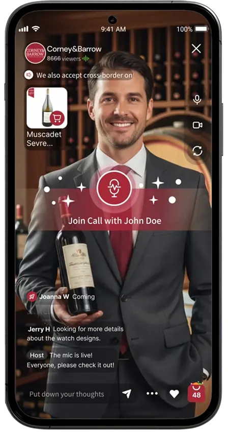 LiveABC Shop: Live Commerce Platform - Man in a suit holding a wine bottle during a Corney & Barrow live stream on a smartphone screen, with chat messages and a join call button.