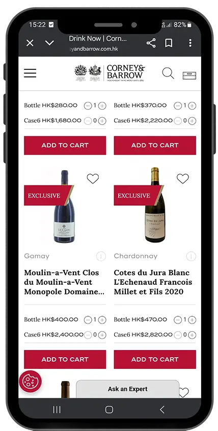 LiveABC Shop: Live Commerce Platform - Mobile screen showing Corney & Barrow wine shop with bottles of Gamay and Chardonnay wines, prices in HKD, and Add to Cart buttons.