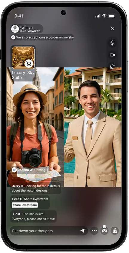 LiveABC Shop: Live Commerce Platform - Smartphone screen showing a livestream with a smiling woman wearing a hat and a camera around her neck on the left, and a man in a beige suit next to a pool on the right, with chat messages overlaid.