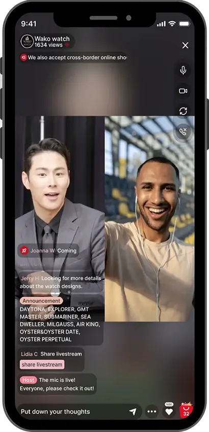 LiveABC Shop: Live Commerce Platform - Two men on a livestream video call, one wearing a suit and the other in casual clothes with earbuds, discussing watch designs.