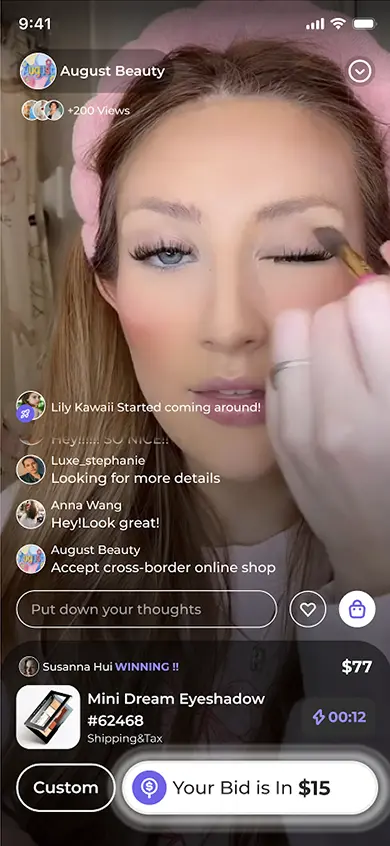 LiveABC Shop: Live Commerce Platform - Woman with a pink headband applying eyeshadow on her right eyelid during a live beauty stream with product details and bids displayed.