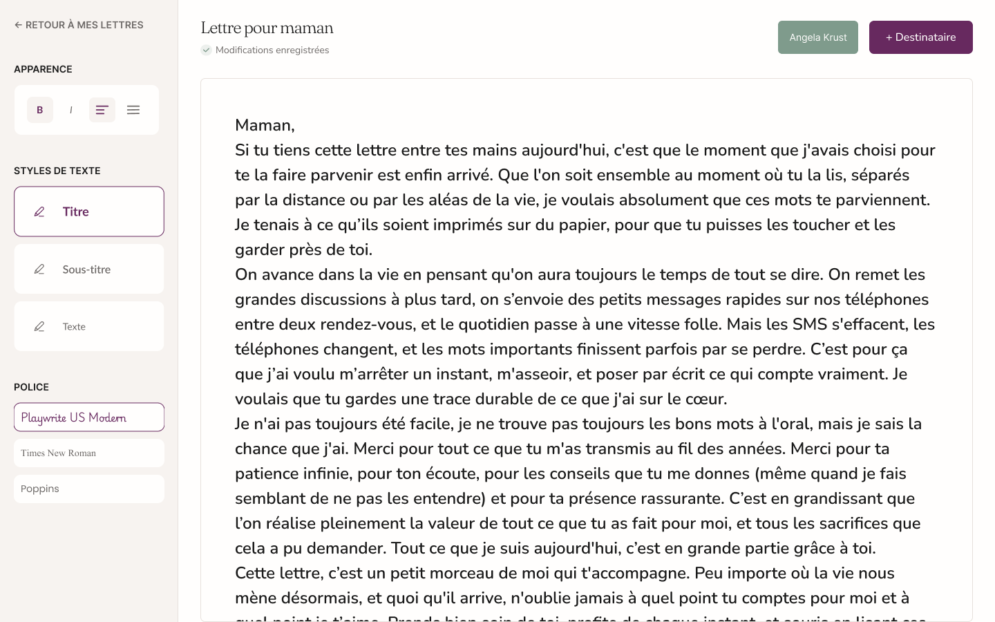 Aperçu de l'interface de la plateforme montrant une lettre rédigée, propre et prête à être envoyée.