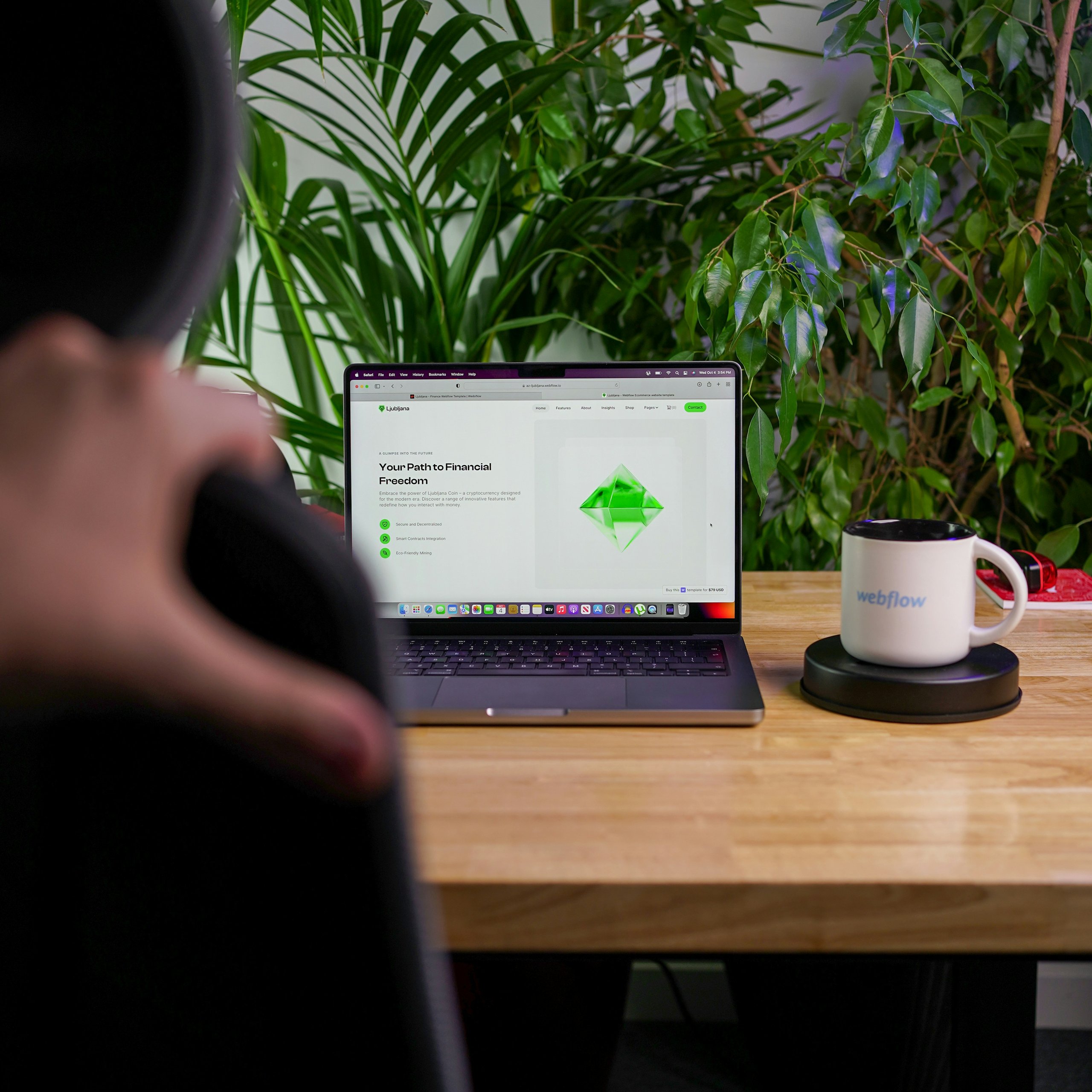 Laptop on wooden desk displaying a financial freedom webpage, surrounded by green plants and a white mug labeled 'webflow'.