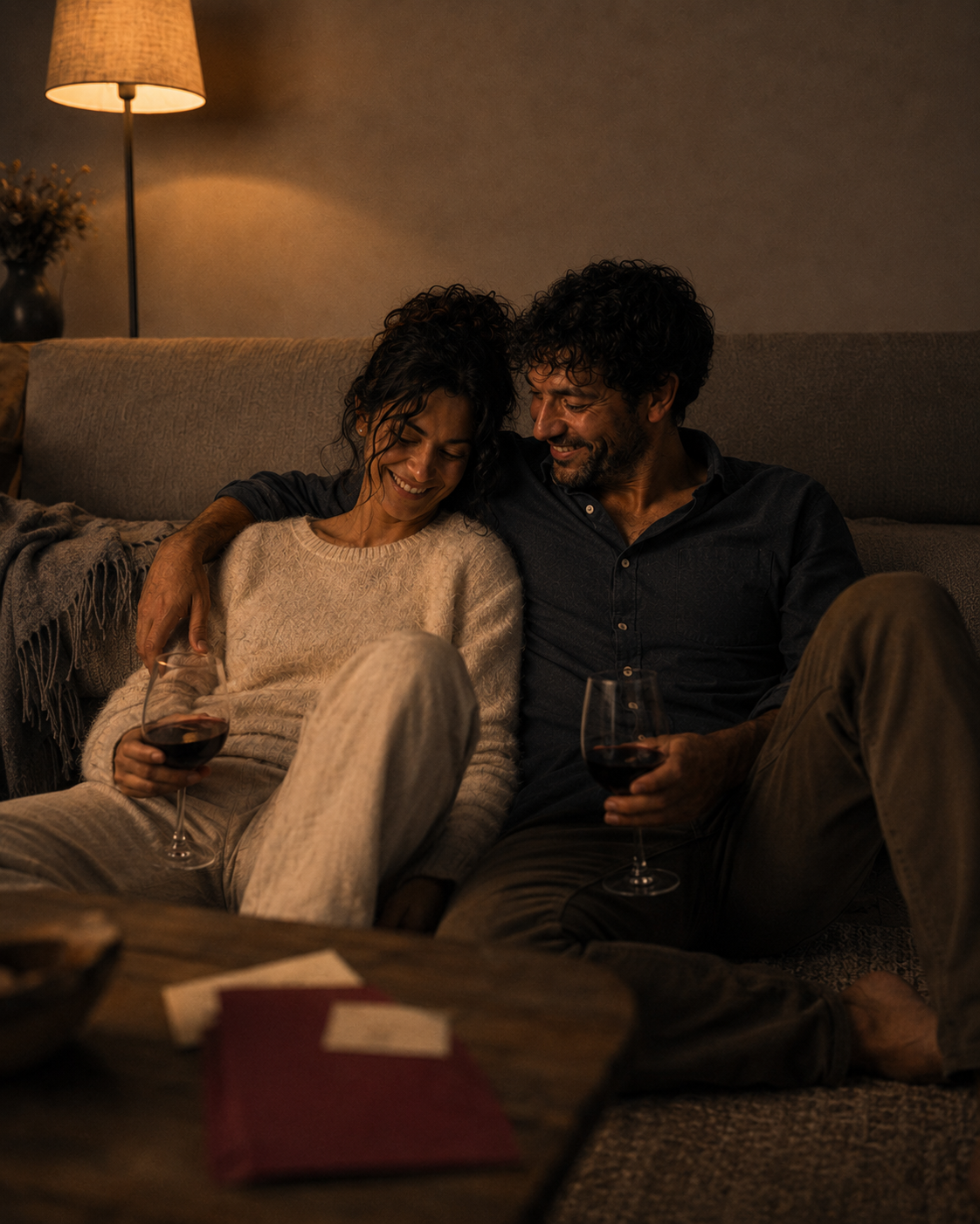Un couple installé sur un canapé, à la lumière chaude d'une lampe, découvrant ensemble le dépliant The Midnight Affair