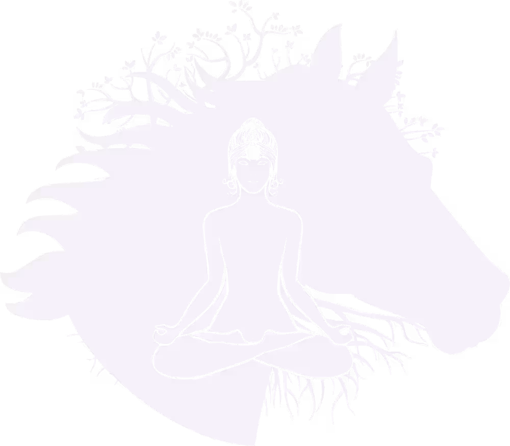 Silhouette d'une femme méditant en position du lotus devant la tête d'un cheval décorée de branches et de feuilles.