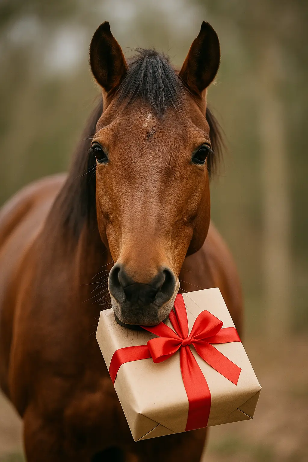 Cheval brun tenant un cadeau emballé avec un ruban rouge dans sa bouche, avec un fond flou.