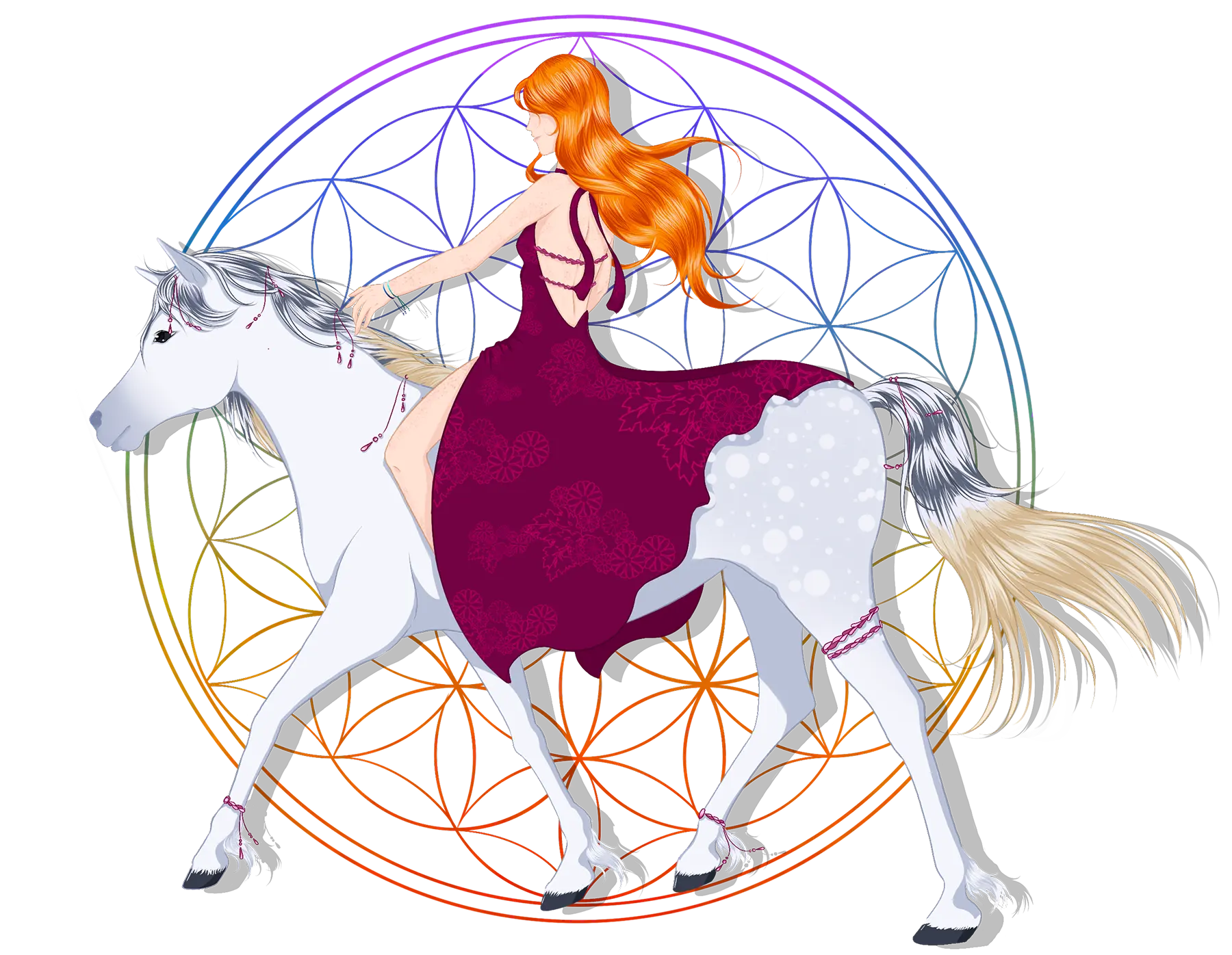 Illustration d'une femme aux longs cheveux roux portant une robe violette monte à cheval sur un cheval blanc orné de décorations, avec un motif géométrique coloré en arrière-plan. Réalisé par Lili Edelmann