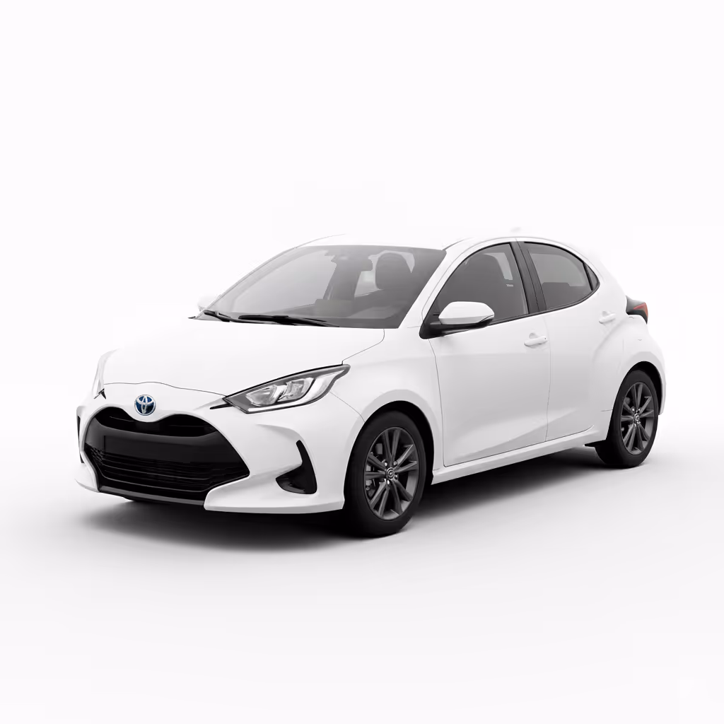 White Toyota compact hatchback car angled front-right on white background.