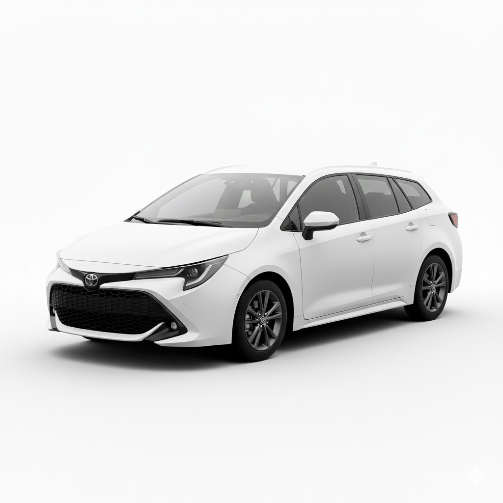 White Toyota Corolla station wagon angled left on white background.